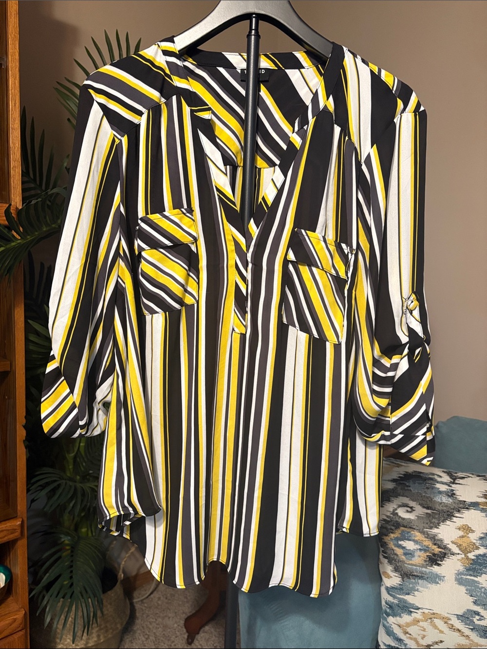 torrid Black, White & Yellow Striped V-Neck Roll-Tab Blouse